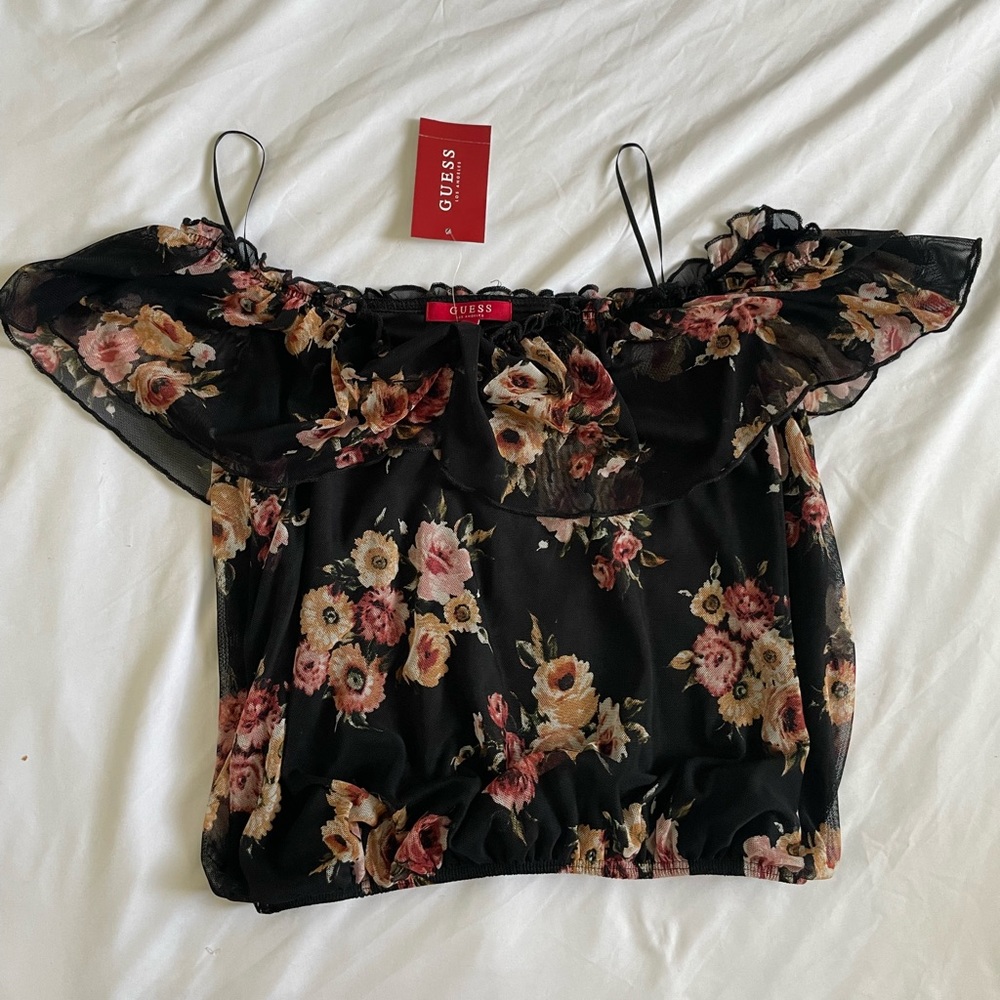 NWT guess off the shoulder mesh floral shirt✨